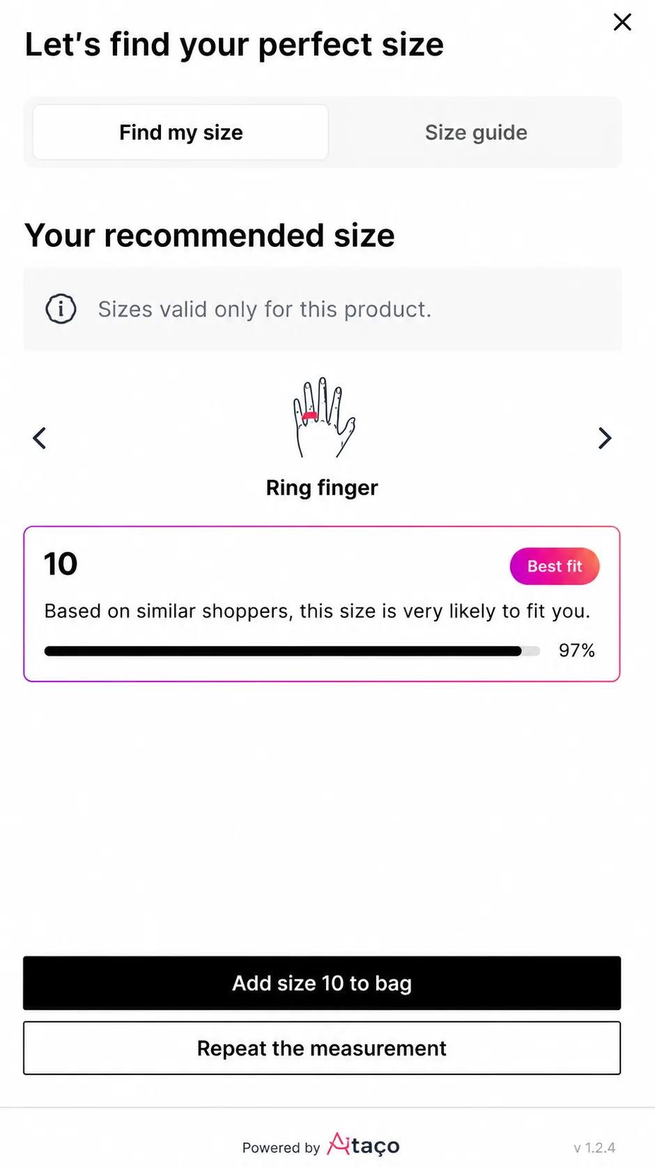 Aitaca on a Shopify product page — guided photo flow and recommended ring size
