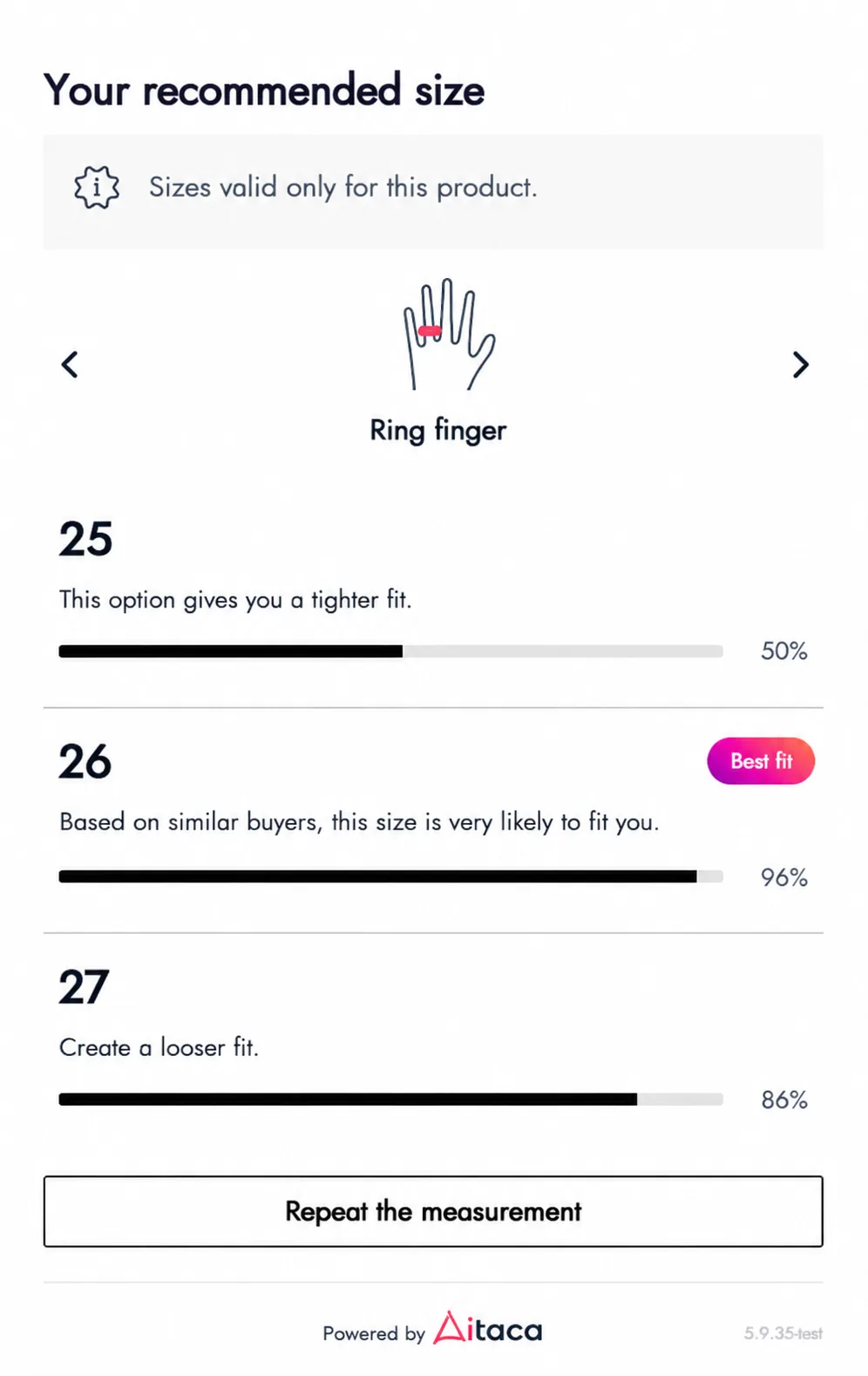 Aitaca AI ring sizing flow on a mobile phone showing the recommended size