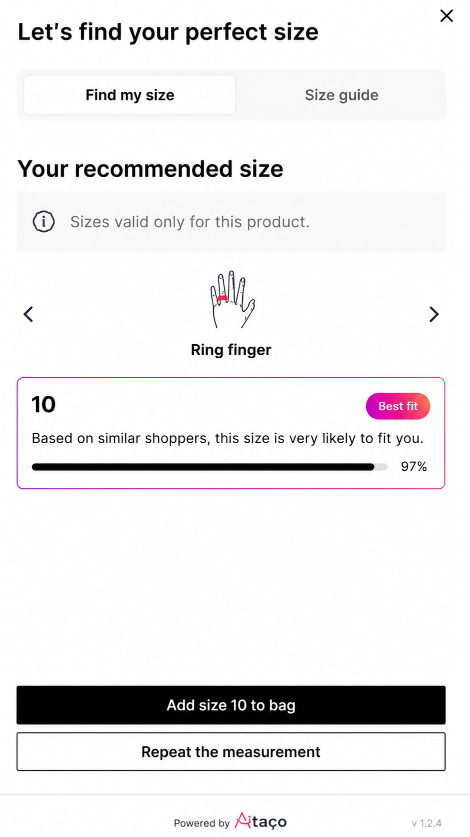 Aitaca on a Shopify product page — guided photo flow and recommended ring size